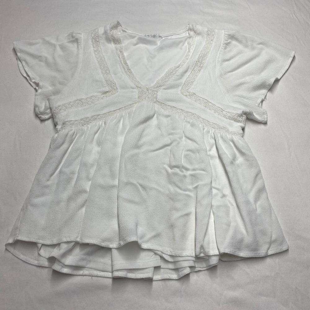 In Loom White Lace Crochet Babydoll Peplum Blouse V-Neck Flutter Sleeve Small
